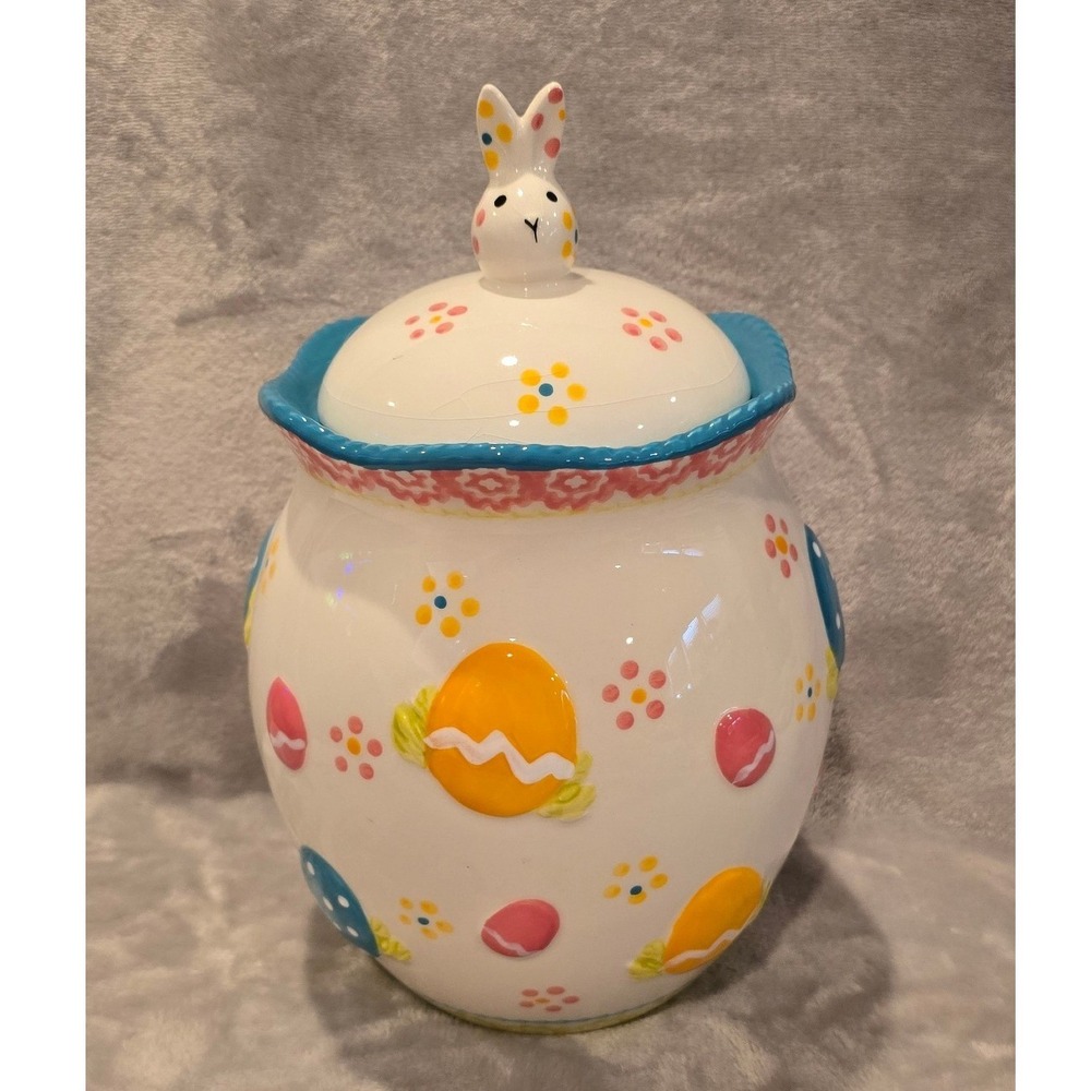 Temp-tations Old World Easter Egg Cookie Jar Bunny Lid Hand Painted Ceramic 10x7